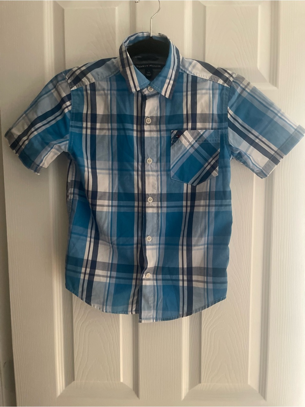 Tommy Hilfiger Boys Plaid Button-Up Shirt Size S (7/8) Blue Short Sleeve